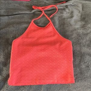 around the neck crop top, peach color.